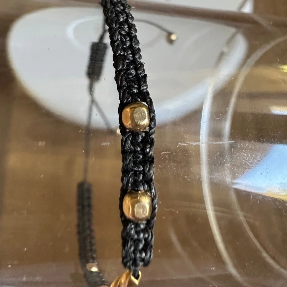 NEW Black Adjustable Cord Bracelet 14k Gold Beads Twisted Connector Minimalist
